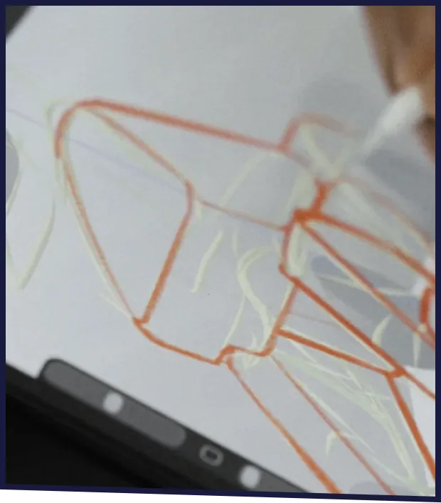 An artist sketches a character on a tablet.