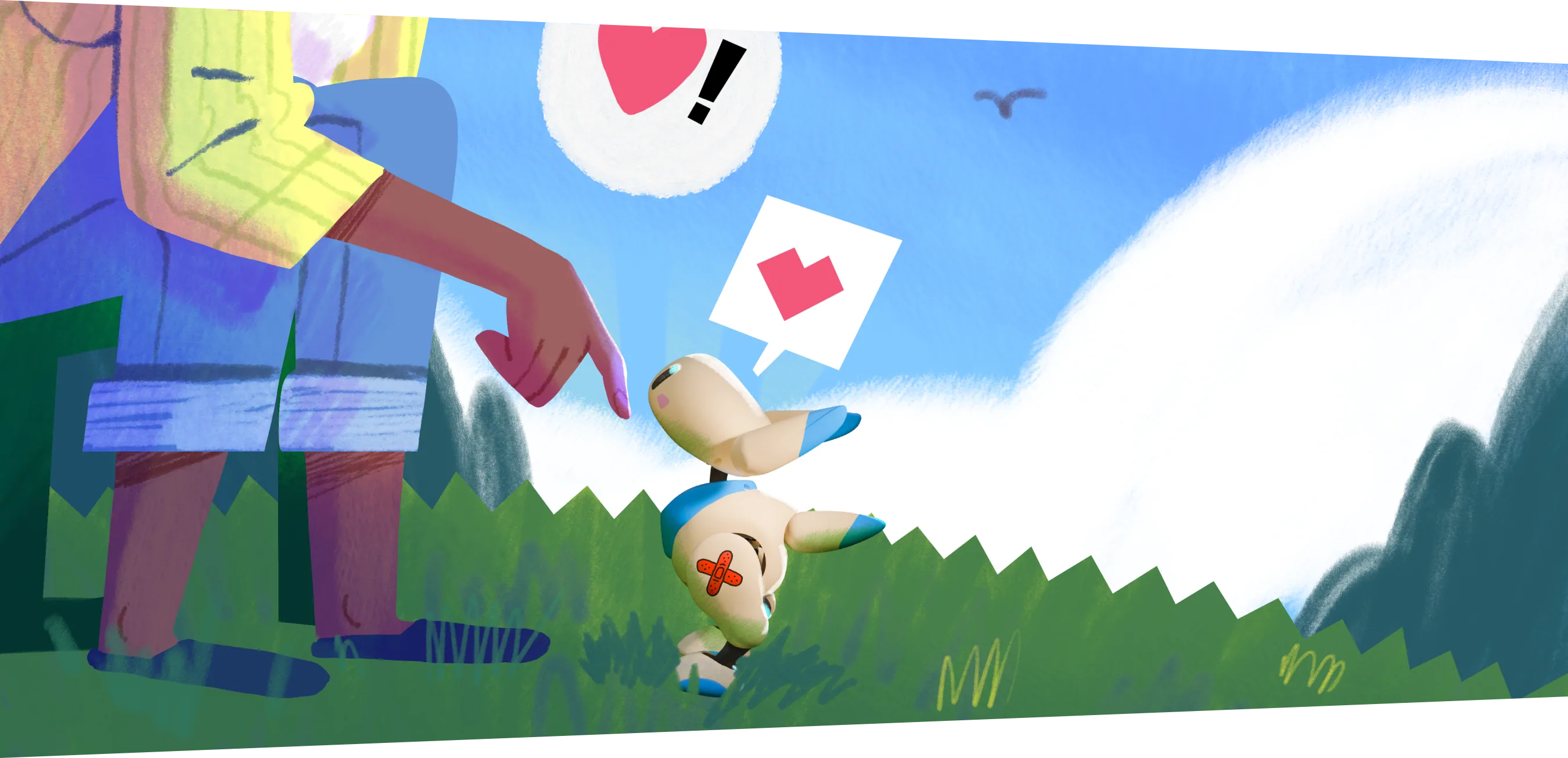 A child reaches toward a small expressive robot in an illustrated outdoor world.